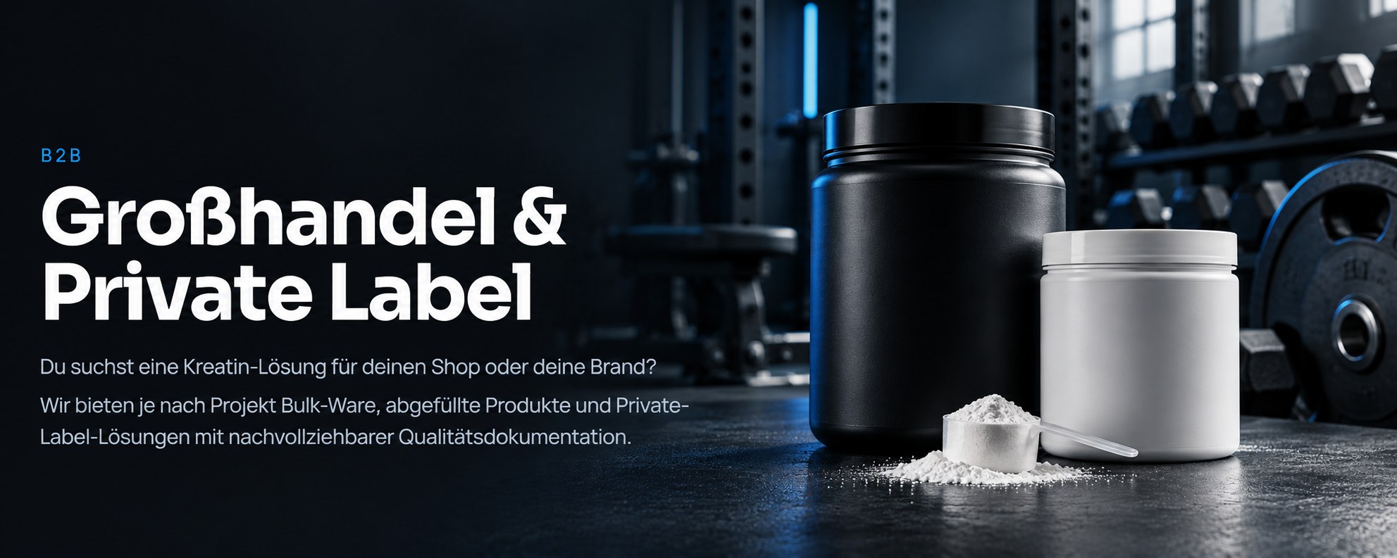 B2B – Großhandel & Private Label. Du suchst eine Kreatin-Lösung für deinen Shop oder deine Brand? Wir bieten je nach Projekt Bulk-Ware, abgefüllte Produkte und Private-Label-Lösungen mit nachvollziehbarer Qualitätsdokumentation.
